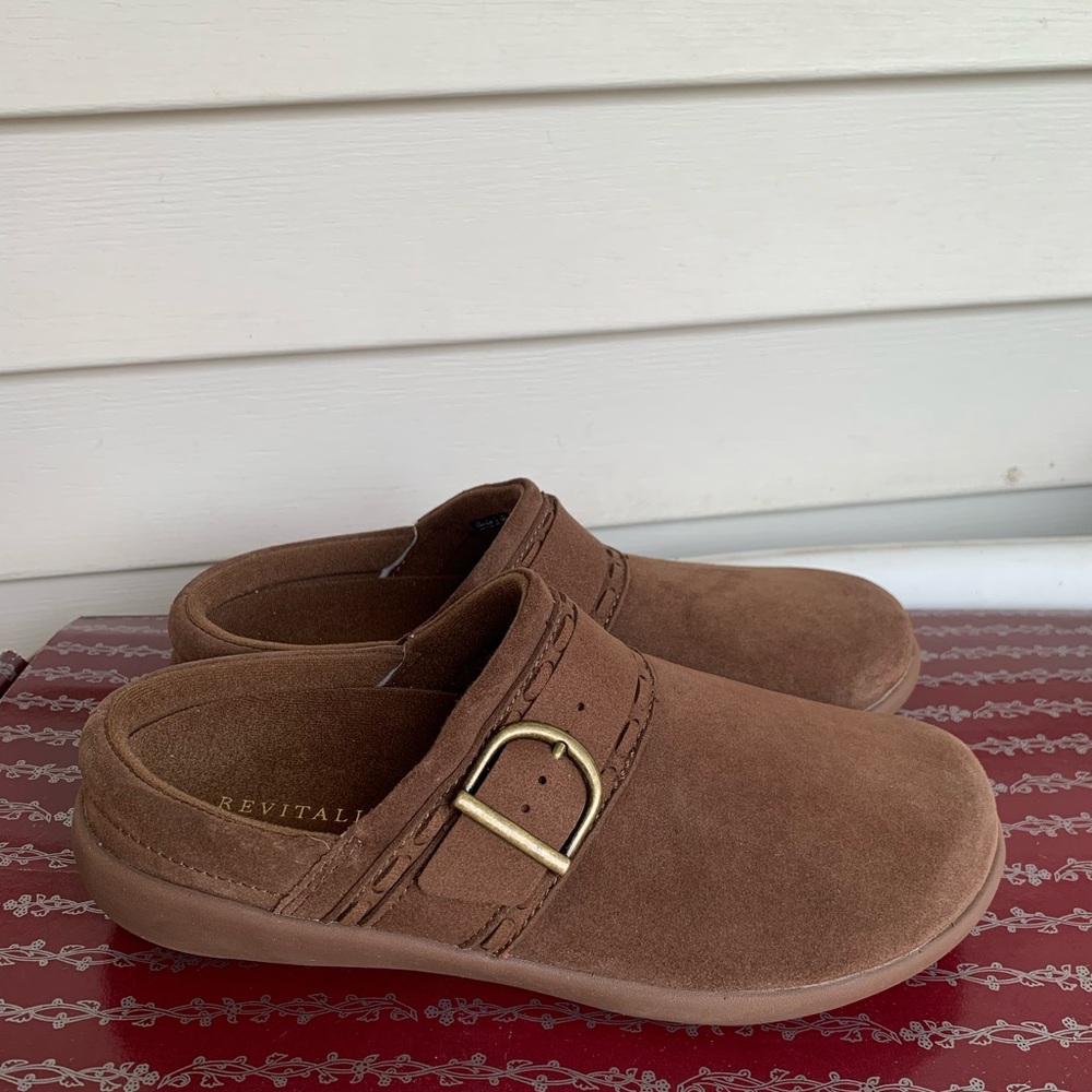 REVITALIGN Brown Suede Clogs with Gold Accent